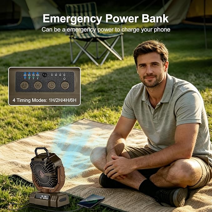 Odoland Portable Camping Fan with LED Lantern, 20000mAh Rechargeable Battery Powered Fan with Auto Oscillation, Timer, Remote, 360° Rotation Hook, 4 Speeds for Power Outage Travel Home,Brown