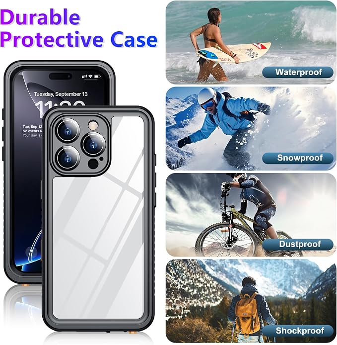 Compatible with iPhone 16 Pro Case Waterproof, Built-in Screen & Camera Protector IP68 Underwater Full Body 16FT Military Dropproof Shockproof Phone Case 6.3"-Black/Clear