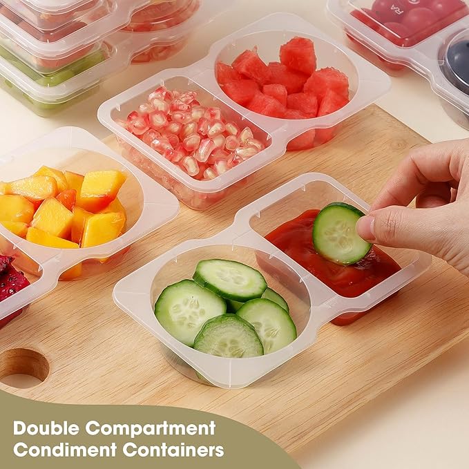 50PCS Reusable Snack Containers with Lids,2 Compartment Snack Containers with 50 Spoons,Snack Pack Containers for Condiments,fruits and salads