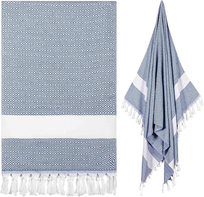 cabanana Turkish Beach Towel Oversized - 40"x70" Quick Dry Sand Free Thin Beach Towels for Adults,Extra Large Cotton Lightweigh Travel Towel for Beach Accessories (Diamond Blue)