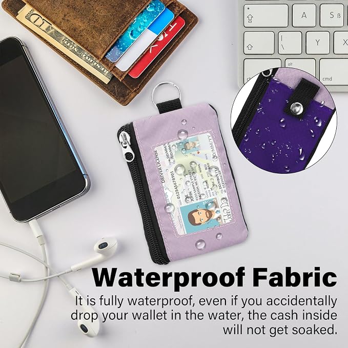 Minimalist RFID Wallet with Lanyard, Multi-functional ID Case with 2 Zipper Pockets and Key Chain for Men and Women, Tactical Badge Pouch Cards Holder, Coin Purse for Travel Sports - Purple&Pink