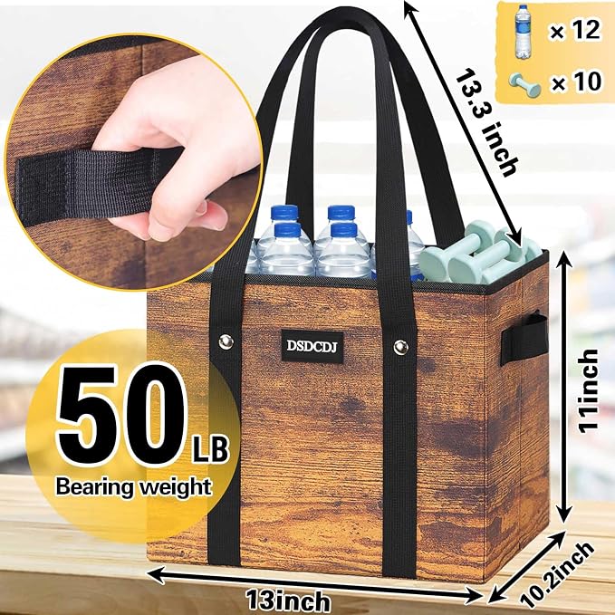 Reusable Grocery Bags - Heavy Duty Reusable Shopping Bags with Hard Bottom & Long Handles, Foldable Large Utility Tote Bag with Box Shape to Stand Up - for Kitchen, Picnic, 3 Pack, Rustic Brown