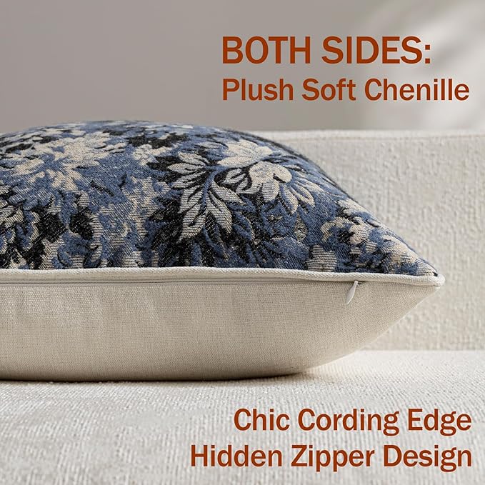 DEZENE Pack of 2 Vintage Floral Throw Pillow Covers 18x18 Boho Farmhouse Accents Chenille Square Decorative Pillow Cases for Living Room Couch Bed Home Decor, Dusty Blue