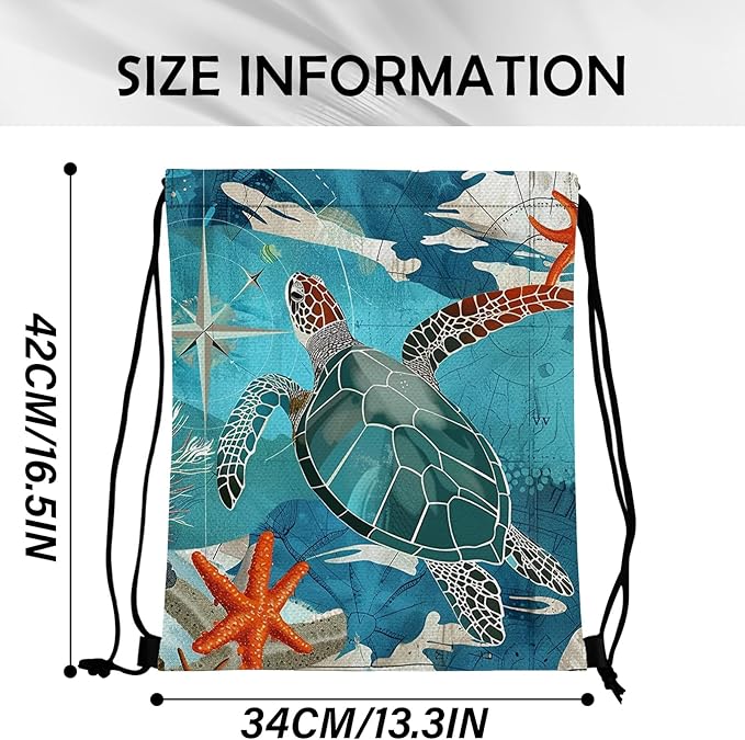 Drawstring Backpack Draw String Sports Bags for Gym Travel Beach Waterproof Cute Sackpack Men Women Aesthetic (13"×17")-Sea Turtle