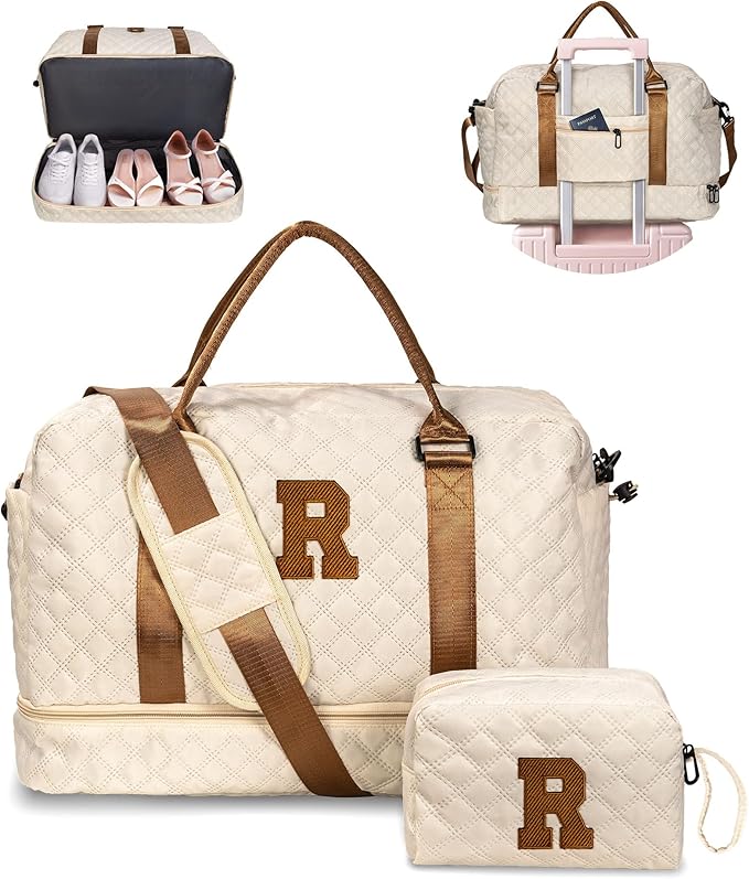 Kids Duffle Bag-Dance Bag Duffle Bag, Personalized Weekender Bag with Shoulder Strap, Monogram Overnight Bag for Women Wet Pocket, Letter Travel Bag with Makeup Bag Gifts for Niece (Letter R)