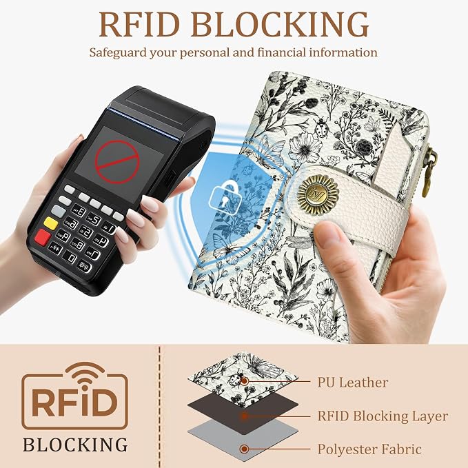 Icycay Flowers Floral Small Wallet Women RFID Blocking Bifold, Credit Card Holder, Zipper Coin Pocket, PU Leather, Compact, Travel, 4 ID Window, 14 Card Slots, Cash Purse, Ladies Woman Female Girls