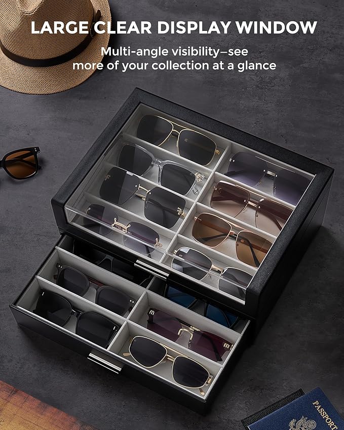 ProCase 16 Slots Sunglasses Box Organizer with L-Shaped Clear Lid, Multiple Pairs Glasses Display Holder Eyewear Eyeglass Eye Glass Storage with Drawer for Men -Black