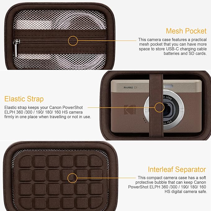 RAIALL Carrying Case for KODAK PIXPRO C1 Friendly Zoom Digital Camera, Point and Shoot Vlogging Camera Hard Travel Bag, Mesh Pocket for Charging Adapter, SD Card, USB Cable and Batteries, Brown