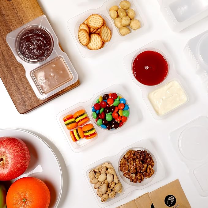 10 Pack 2 Compartment Snack Containers with Lids – Leak-Proof, Reusable Plastic Snack Packs for Adults, Divided Small Snack Containers for Lunch, Meal Prep, Dips, Salads