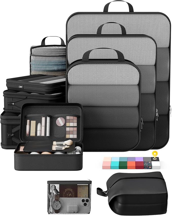 Veken 10 Set Compression Packing Cubes for Travel Essentials,Compressible Expandable Large Luggage Suitcase Organizer Bags for Clothing,Durable Space Saver Storage Bags with Toiletry Bags(Black)
