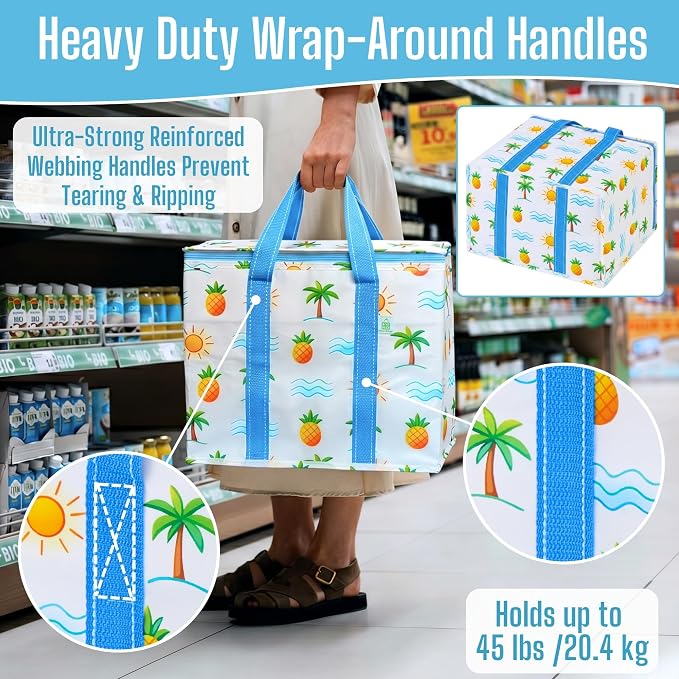VENO 2 Pack Insulated Cooler Bag, Reusable Grocery Shopping Bag for Food Delivery, Heavy Duty, Large Size, Durable Handles, Double Zippers, Lid, Collapsible (Tropical Island, 2 Pack)