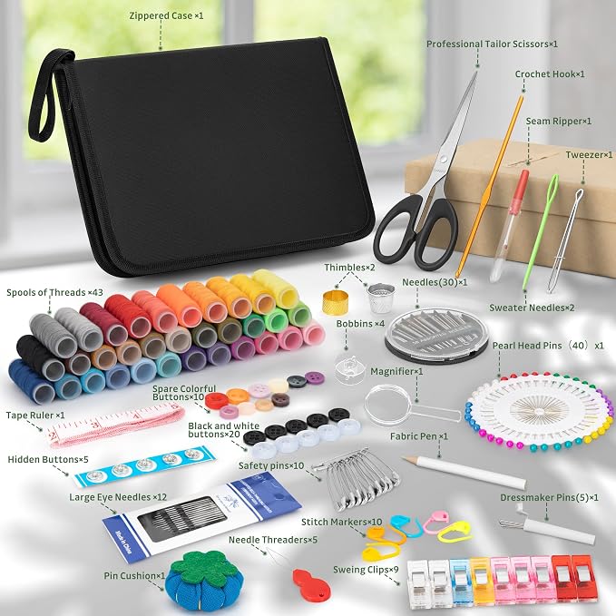 KEYHOT Sewing kit Basic,Needle and Thread Kit,Travel Small Sewing Machine Supplies for Adults Beginners Men, Home Travel Emergency Including Scissors Measure Tape Needle Threader (216pcs)