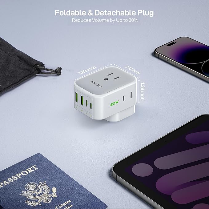 EPICKA Hybrid European Travel Plug Adapter, Foldable & Detachable Type C (EU) VisaPlug (Type G for UK)