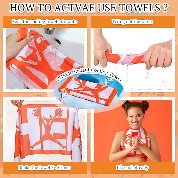 12 Pcs Cheerleader Cooling Towel Cheer Gifts Bulk for Team Cheer Sports Gifts with Bags 40" x 12" Breathable Chilly Microfiber Cooling Towel for Yoga Sport Gym Party Favor (Orange)