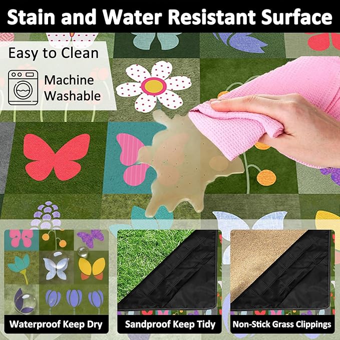 Floral Picnic Blankets Waterproof Foldable, 60″X80″ Packable Picnic Mat Butterfly Outdoor Blanket for Grass, Large Beach Blanket Sandproof Picnic Accessories for Camping Music Festival Park Lawn Party