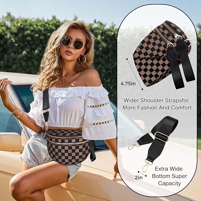 Spacious Nylon Checkered Crossbody Bum Bag for Women, Fashion Checkerboard Fanny Pack Purse with Anti-theft Pocket, Adjustable Wider Strap Wasit Bag (Black-Brown)