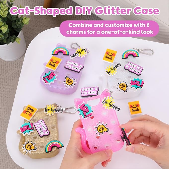 FunisFun Glitter Silicone Holder Case Compatible with Hand Sanitizer Spray 1 Fl. OZ., Cat-shaped Case Keychain with 6 Charms
