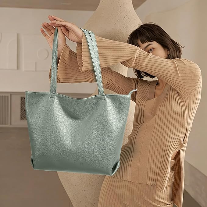 WLLWOO Soft Vegan Leather Tote Bag for Women Large Casual Hobo Handbags Zipper Shoulder Work Daily Weekender Travel Purse