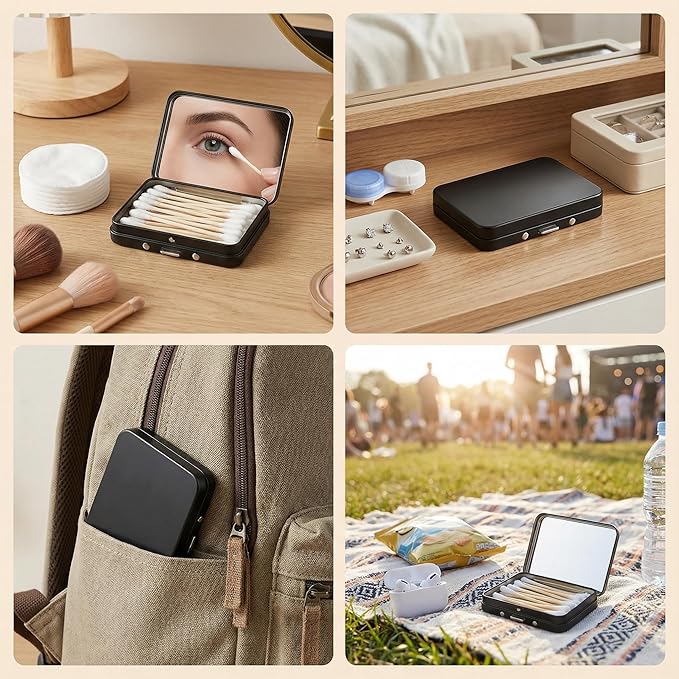 2PCS Cotton Swab Holder for Travel,Portable Floss Pick Holder Case with Mirror,Storage Box for Cotton Swabs, Dental Floss, Hair Ties, and Small Essentials(Black)