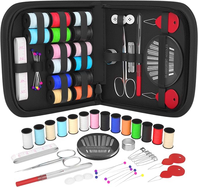 Coquimbo Sewing Kit Mini, Dorm Room Essentials, Portable Needle and Thread Kit with Scissors, Tape Measure, Thimble & Sewing Needles for Adults, College Students, Travel, Emergency Repair (Black, S)