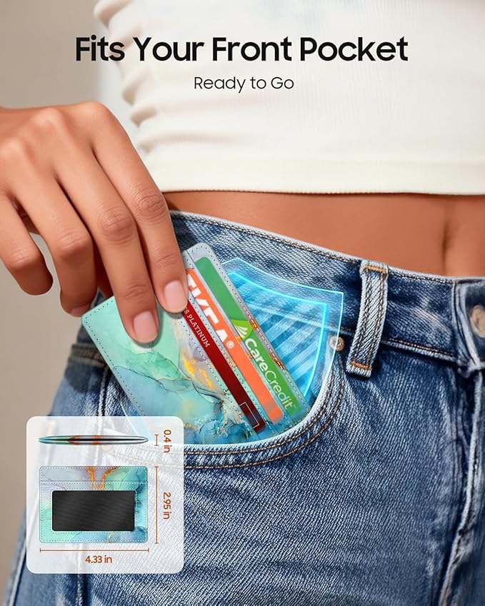 FINTIE Slim Minimalist Front Pocket Wallet, RFID Blocking Credit Card Holder Card Cases with ID Window for Men Women, emerald marble
