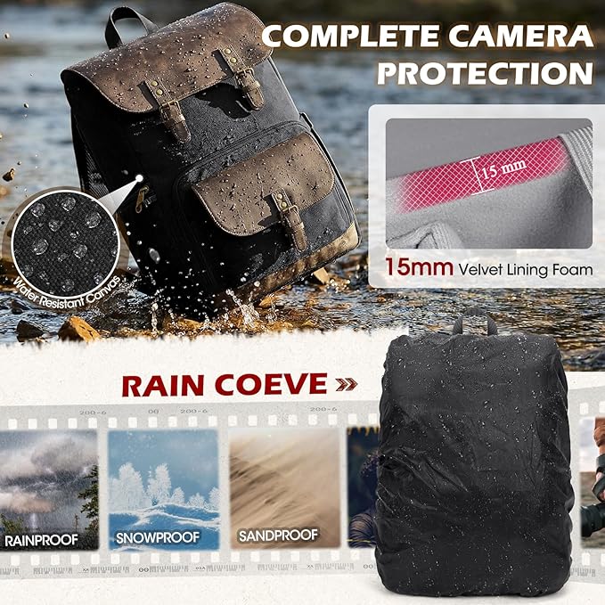 RAINSMORE Camera Bag Professional for DSLR/SLR Mirrorless Waterproof 15.6 Inch Laptop Photography Backpack with Side Access Rain Cover Tripod Holder Large Anti-Theft Camera Backpacks for Photographers