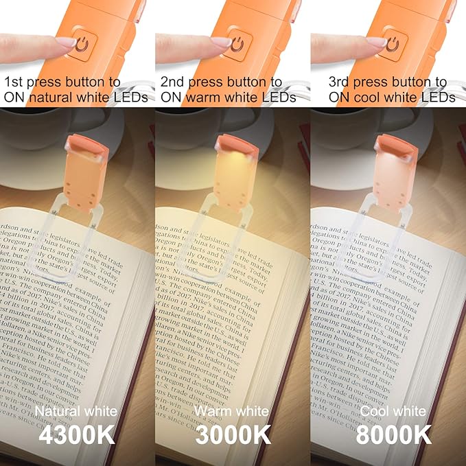 HONWELL Rechargeable Book Light, Clip On LED Reading Lights for Kids Reading in Bed, 3 Brightness Levels Dimmable Bookmark Light for Eye-Protection, Portable Reading Lamp for Bookworms, Travel(Orange)