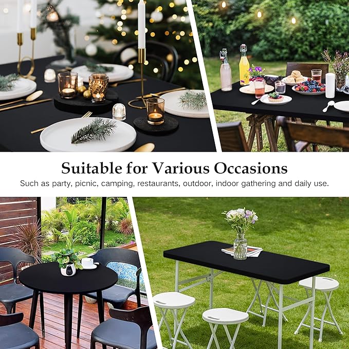 Wolkemer 2 Pack 5 Foot Black Fitted Tablecloth 60 Inch Round Elastic Edges Table Cloth, Spandex Stretch Table Cover with Machine Washable Fabric for Wedding Party Picnic Dining Indoor Outdoor