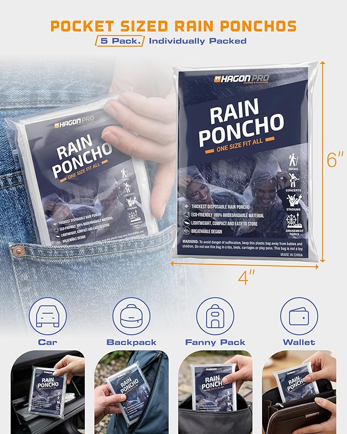 Hagon PRO Disposable Rain Ponchos for Adults (5 Pack)