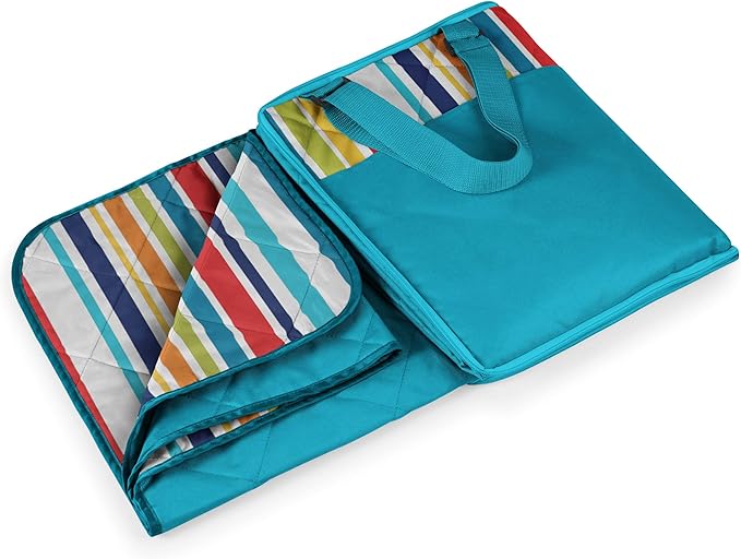 ONIVA - a Picnic Time brand - Vista Outdoor Picnic Blanket & Tote - Beach Blanket - Camping Blanket, (Fun Stripe Pattern with Aqua Blue Exterior), 16 x 11 x 3
