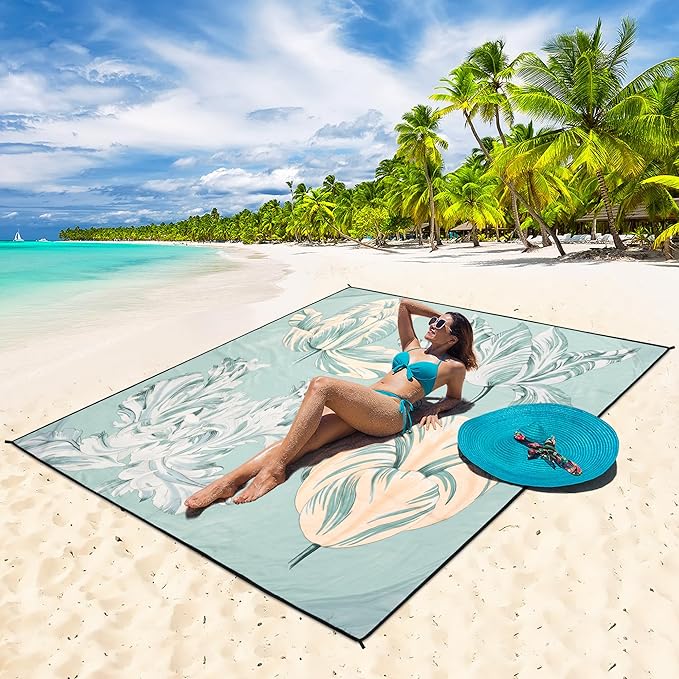 HIHOHO Beach Blanket Waterproof Sandproof Beach Mat 79”x 83” for 1-8 Adults Quick Drying Durable Outdoor Picnic Mat for Beach Festival Travel Camping Hiking (Green Flower, 79"×83"(4 Person))