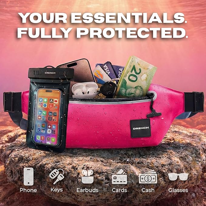 Drench Waterproof Fanny Pack & Floating Phone Pouch | IPX8 Submersible Waist Pack Dry Bag for Beach, Pool, Cruise Travel, Girls Trips, Snorkeling, Kayaking & Water Sports | Pink
