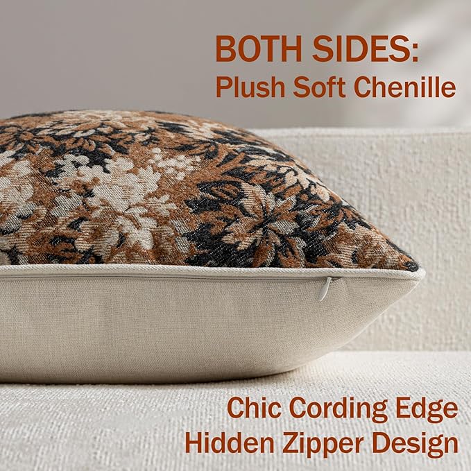 DEZENE Pack of 2 Vintage Floral Throw Pillow Covers 22x22 Boho Farmhouse Accents Chenille Square Decorative Pillow Cases for Living Room Couch Bed Home Decor, Cognac
