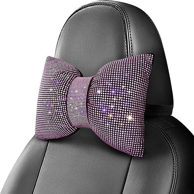 surpassme 2PCS Rhinestone Car Headrest Neck Pillow for Driving with Bling Bling Crystal Bow Pillow Car Accessories for Women (Pink)