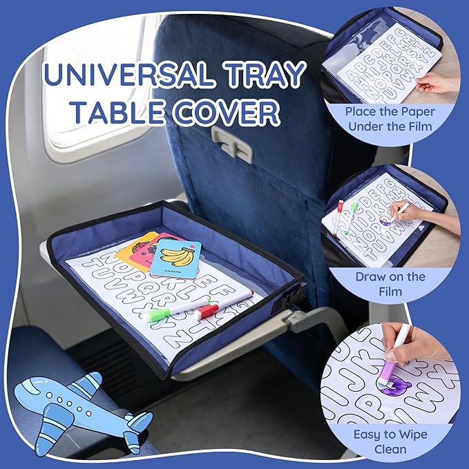 Kids Tray Table Cover, Airplane Tray Cover with Pockets, Airplane Travel Essentials for Kids, Portable Airplane Must Haves for Toddler on Plane or Train and Flying Supplies (Navy Blue)