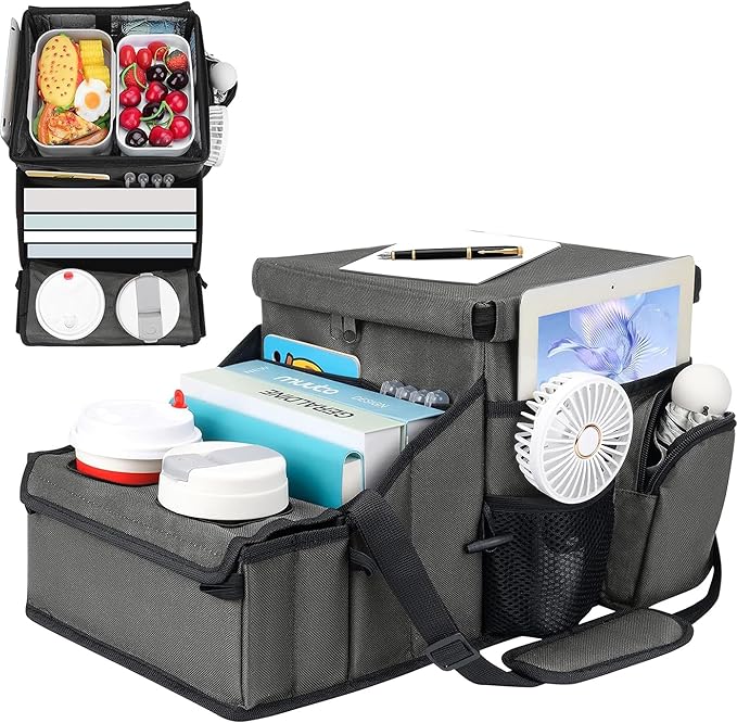 Car Organizer for Front Seat Organizer and Storage, Collapsible Car Caddy, Passenger Seat Organizer with Partitions & Cup Holders, Car Organization for kids and Adults (Grey)