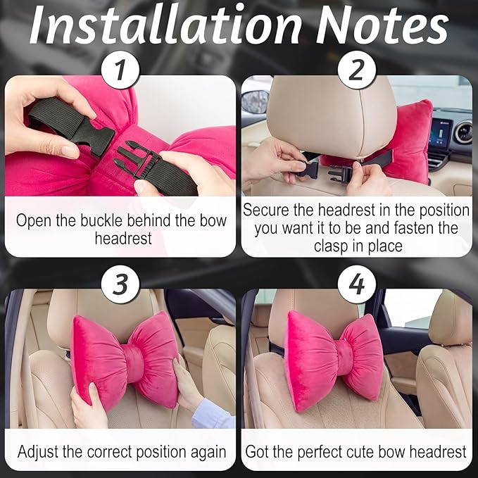 Macarrie 2 Pcs Car Neck Pillow Velvet Bow Headrest Pillow Soft Comfortable Seat Neck Support Cute Bow Car Accessories for Driving Travel Driver Chair Girl Interior Decor (Solid,Rose Red)