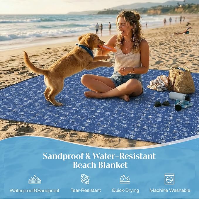 OIGAE 7x7ft Sandproof Beach Blanket - Large Waterproof Picnic Mat for 3-4 People, Lightweight Sand Free Mat for Summer Vacation with 6 Stakes & 4 Corner Pockets for Beach, Camping, Festivals