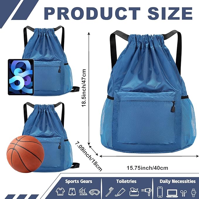 Tygelluis Drawstring Backpack, Waterproof Gym Bag with Water Bottle Pocket for Women Men, Pull String Sport Bag for Swim, Soccer and Basketball,Blue
