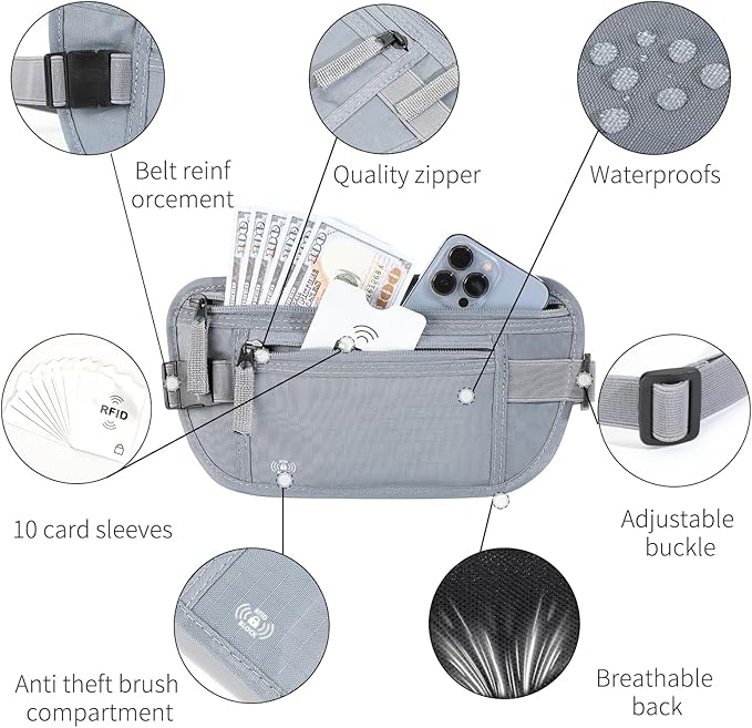 Money Belt for Travel, RFID Blocking, Hidden Money Belt, Passport Holder for Travel (Grey)