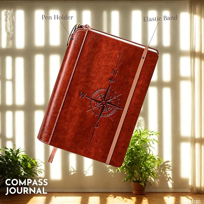 SETTINI® Lined Journal - Compass Journal for Writing Gift Set - Hardcover Vegan Leather, Includes Luxury Pen in a Unique Pen Holder, 192 Pages, A5, Fathers Day Gift, Journal for Men & Women