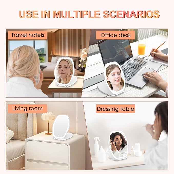 COSYGLOW Travel Makeup Mirror with Light: 3 Color Lighting Portable Mirror with Touch Screen Rechargeable Adjustable LED Lights Hexagon Vanity Mirror for Travel, Desk, Home(White)