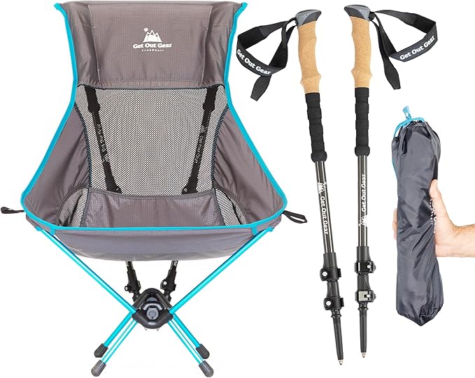 Get Out Gear TrekChair V2 Highback Backpacking Chair | 2-in-1 Trekking Pole and Camp Chair System | Extra Large and Wide with Headrest | Ultralight | Compact, Packable, and Lightweight Hiking Chair