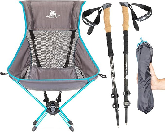 Get Out Gear TrekChair V2 Highback Backpacking Chair | 2-in-1 Trekking Pole and Camp Chair System | Extra Large and Wide with Headrest | Ultralight | Compact, Packable, and Lightweight Hiking Chair