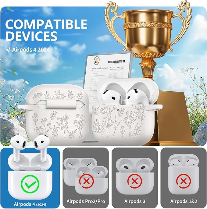 for Airpods 4 Case, Ekoonpft Flower Engraved Cases for Apple AirPods 4th Generation 2024, Soft Silicone Cover for Women Girly with 3-in-1 Cleaner Kit, Keychain, Military Grade Protection