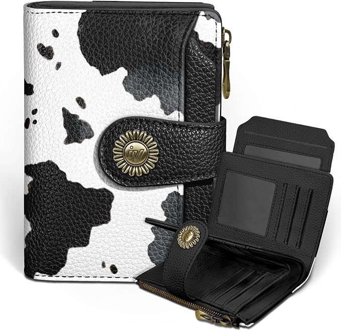 Icycay Cow Black Wallet Women Small RFID Blocking Bifold, Credit Card Holder, Zipper Coin Pocket, PU Leather, Compact, Travel, 4 ID Window, 14 Card Slots, Cash Purse, Ladies Woman Female Girls