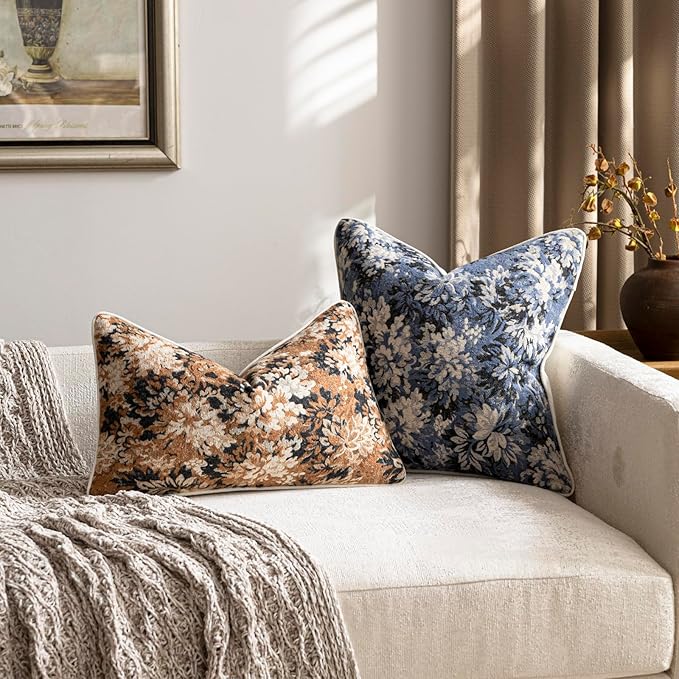 DEZENE Pack of 2 Vintage Floral Throw Pillow Covers 18x18 Boho Farmhouse Accents Chenille Square Decorative Pillow Cases for Living Room Couch Bed Home Decor, Dusty Blue