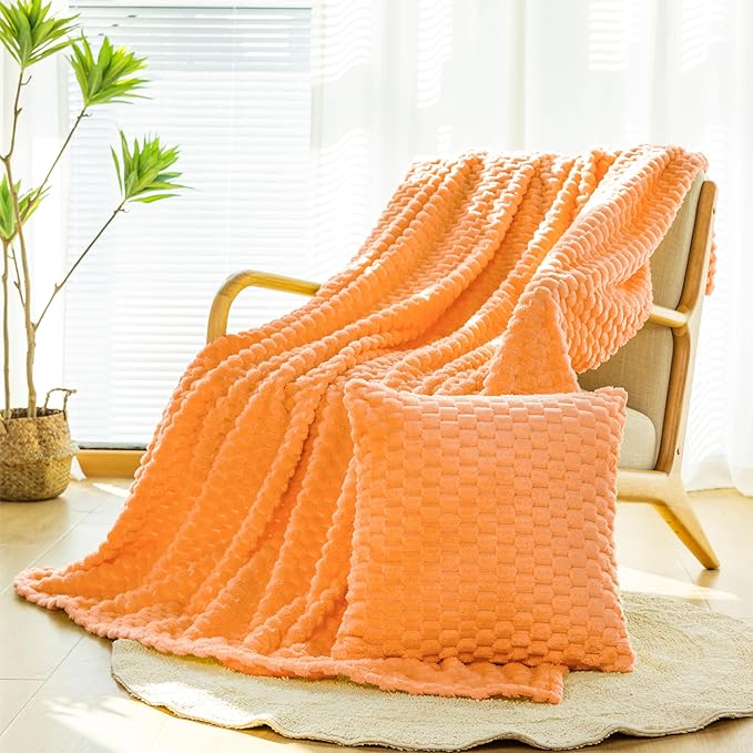 Bnuitland Flannel Throw Blanket, 300 GSM Fleece Cozy Warm Soft Home Decor Lightweight Bed Sofa Blanket for Adults, Suitable for All Seasons(Light Orange,50X71 inches with Pillow Cover)
