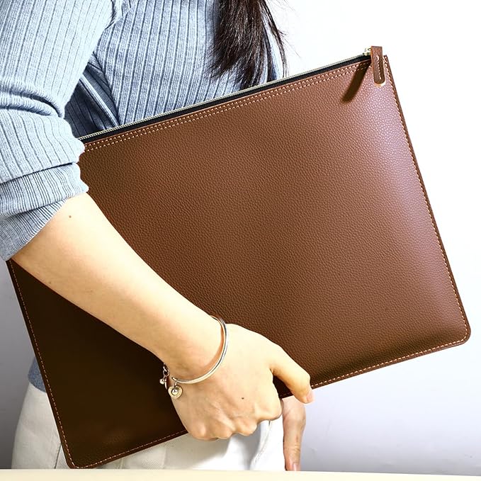 PU Leather A4 File Folder Zipper Document Holder Envelope Folder Case for Receipt Contract (Brown)