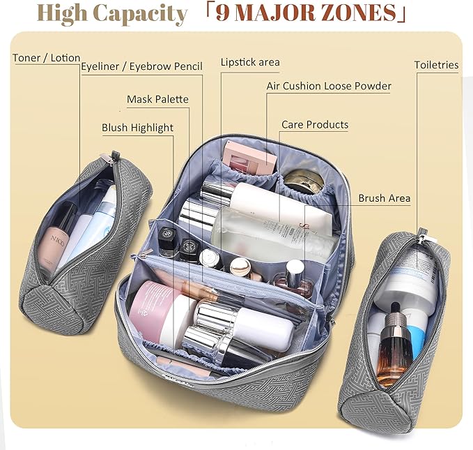 BOYATU Travel Makeup Bags for Women: Vintage Roman Column Texture Large Capacity Cosmetic Bag - Each Journey, Quiet Luxury Serenity - 3 Pcs Set Organizer Toiletry Purse 50% Extra Storage(Grey)